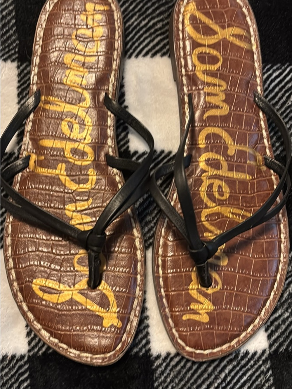Sam Edelman Black Strappy Brown Croc-Embossed Thong Sandals Size 8 1/2